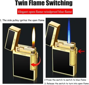 Windproof Dual Flame Lighter, Jet Flame and Soft Flame,Butane Torch Lighter,Ding Sound When Opening Lid，Refillable Adjustable Grinding Wheel Side Slip Lighter Metal Portable Lighter，gifts for Men(Silv