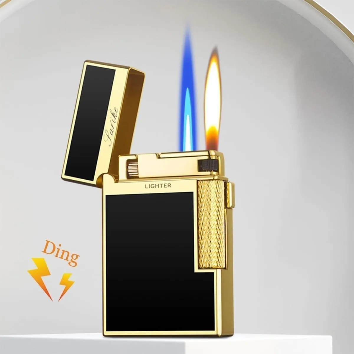 Windproof Dual Flame Lighter, Jet Flame and Soft Flame,Butane Torch Lighter,Ding Sound When Opening Lid，Refillable Adjustable Grinding Wheel Side Slip Lighter Metal Portable Lighter，gifts for Men(Silv