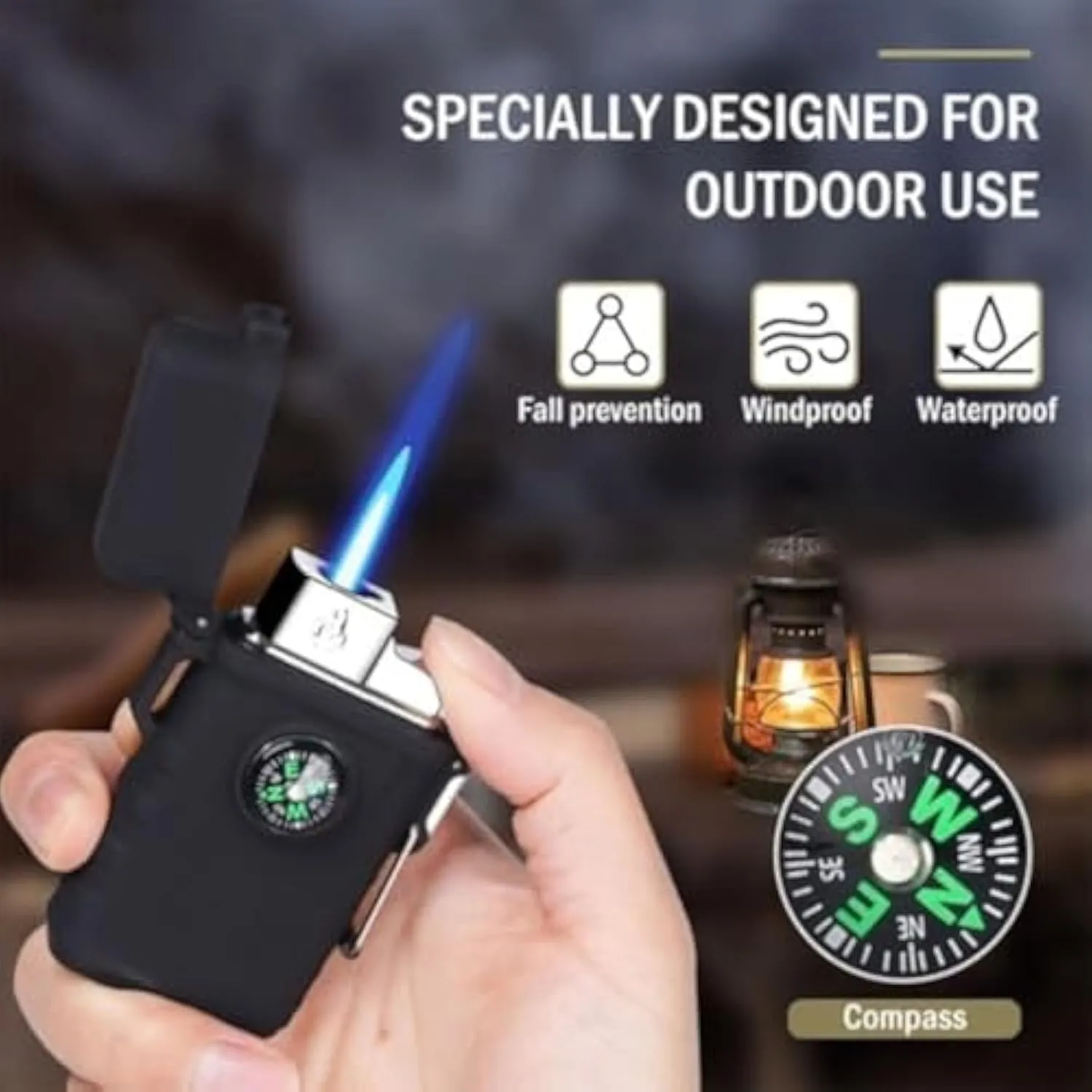 Windproof Lighter, Waterproof, Rechargeable Butane Adjustable Flame, with Compass, Suitable for Outdoor Survival(Black)