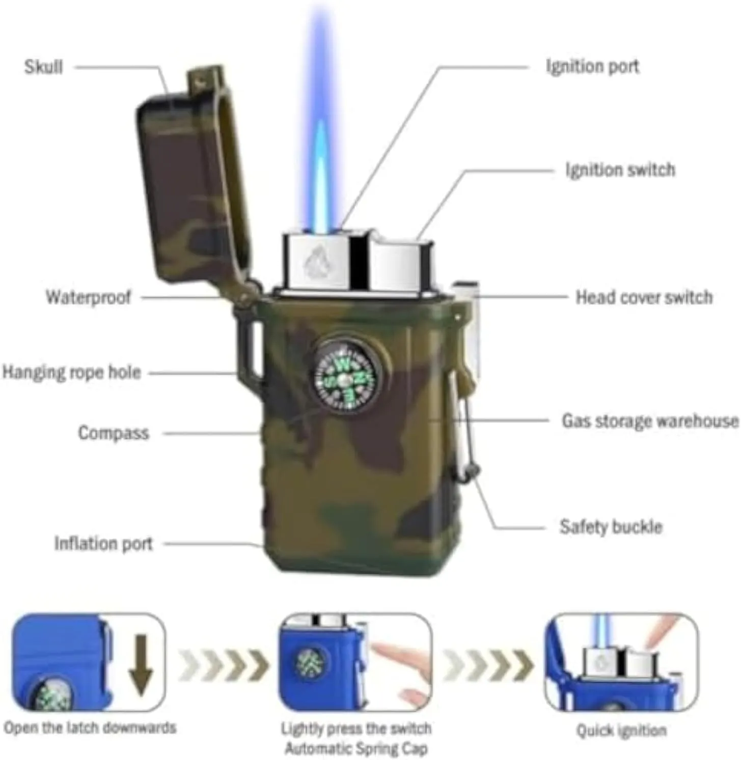 Windproof Lighter, Waterproof, Rechargeable Butane Adjustable Flame, with Compass, Suitable for Outdoor Survival(Black)