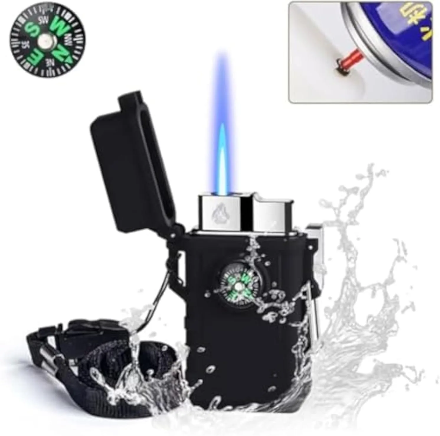 Windproof Lighter, Waterproof, Rechargeable Butane Adjustable Flame, with Compass, Suitable for Outdoor Survival(Black)
