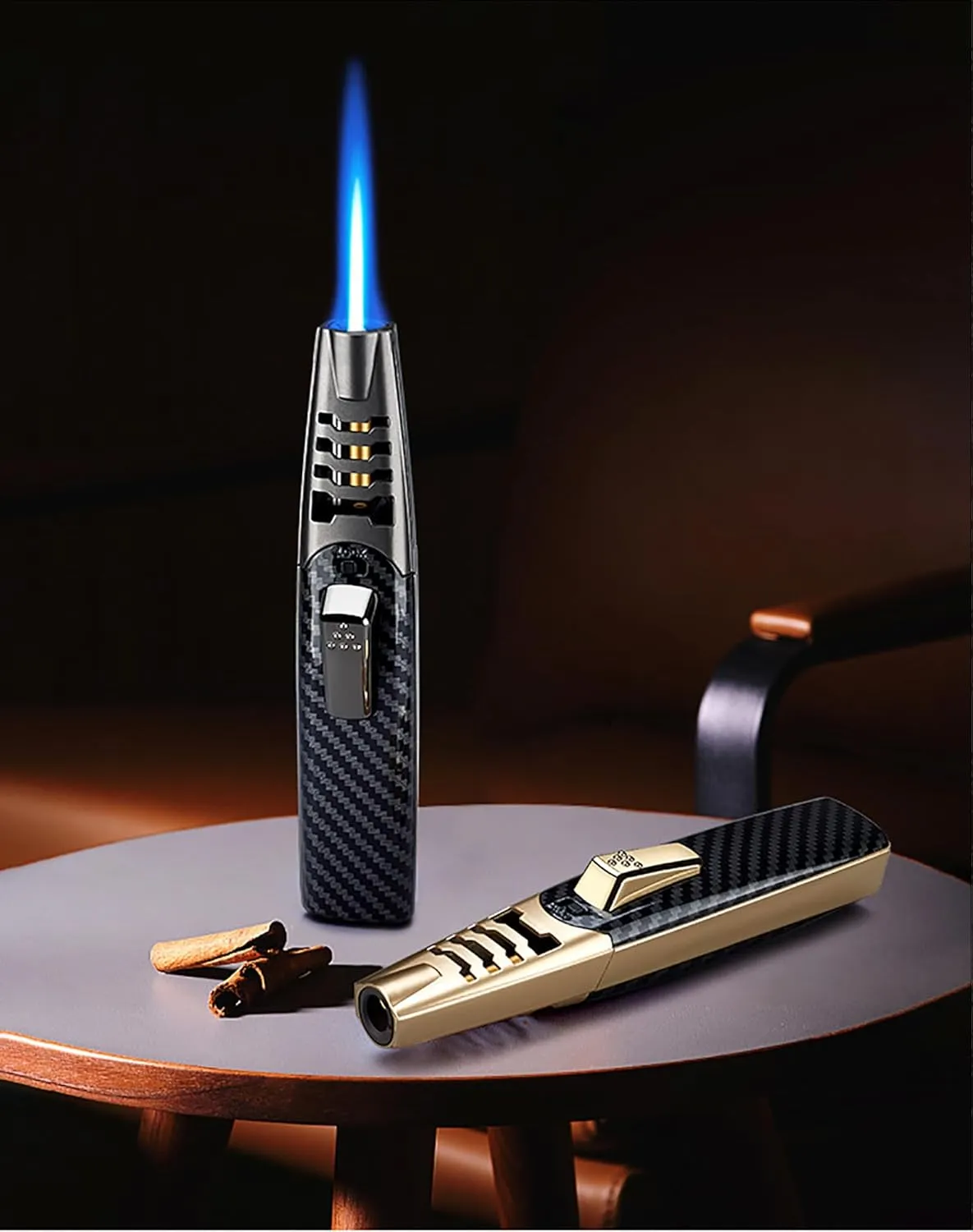 Windproof Lighters - Camping Outdoor Windproof Straight Flame Lighter, Torch Lighter - Refillable Butane Lighter (Walnut (Gold))