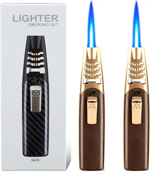 Windproof Lighters - Camping Outdoor Windproof Straight Flame Lighter, Torch Lighter - Refillable Butane Lighter (Walnut (Gold))