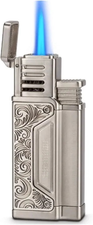 Windproof Refillable Butane Lighter, Torch Lighter with Single Jet Flame Fuel Window, with Adjustable Flame, Suitable for Camping, Field, Travel(Silver)