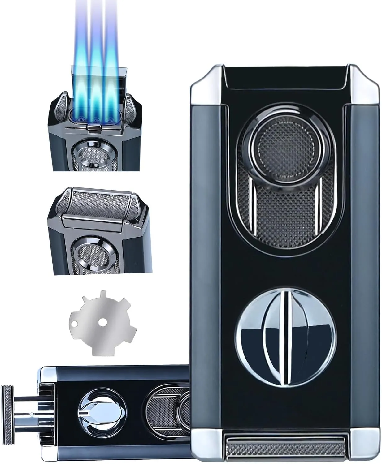 Windproof Triple Jet Flame Torch Lighter with Stand – Refillable and Adjustable 3 Flame Lighter with Built-in V-Cut, Quality Gift for Men（Without Butane）