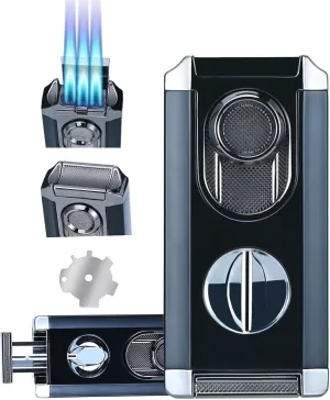 Windproof Triple Jet Flame Torch Lighter with Stand – Refillable and Adjustable 3 Flame Lighter with Built-in V-Cut, Quality Gift for Men（Without Butane）