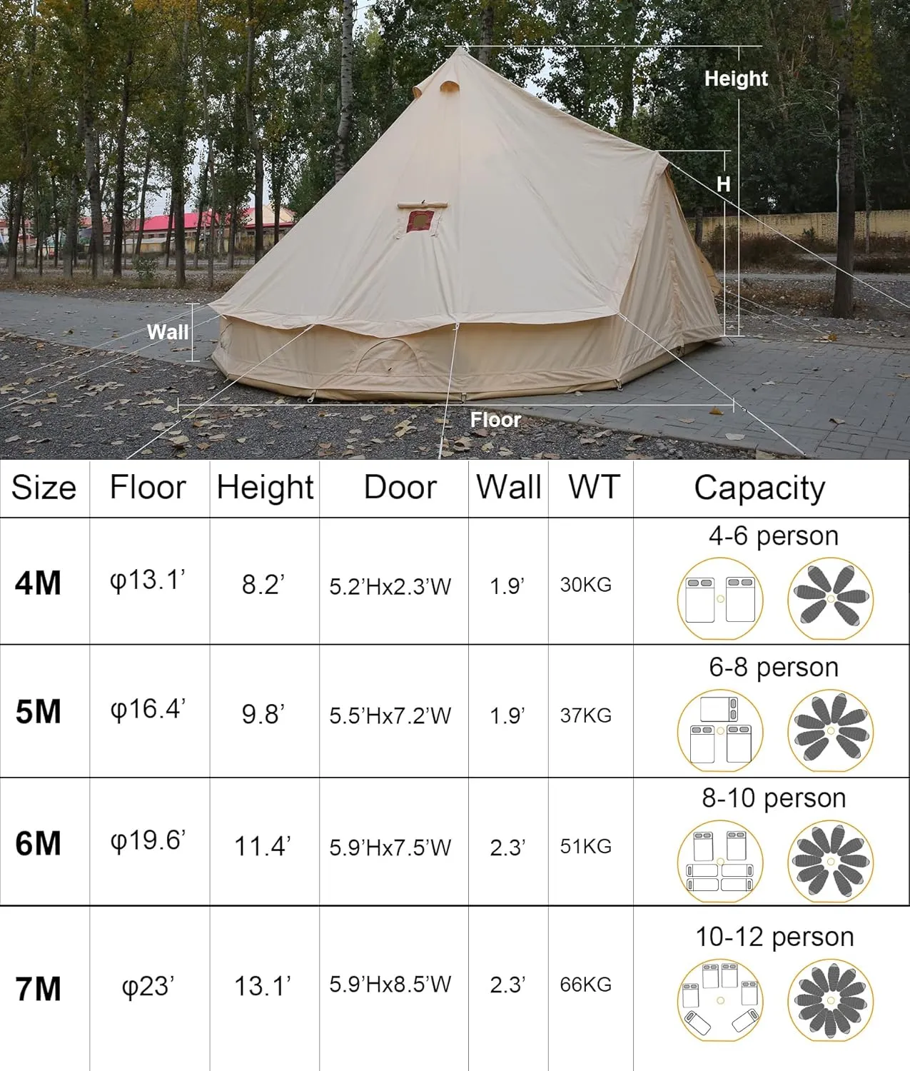 WINTENT Waterproof 4 Season Cotton Canvas Bell Tent with Stove Jack and Oval Flue Flashing Kit for 4/6/8/10/12 Persons