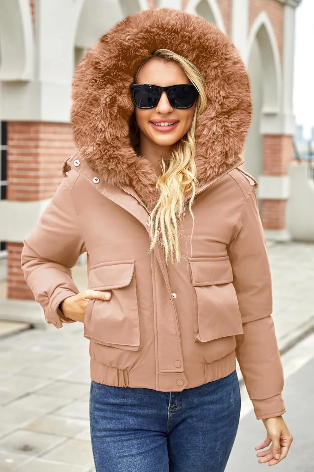 Winter Coats for Women Thickened Puffer Jacket with Detachable Fur Hood Winter Warm Parka Puffer Coat