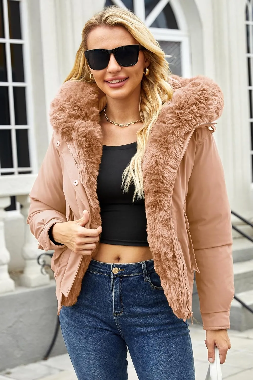 Winter Coats for Women Thickened Puffer Jacket with Detachable Fur Hood Winter Warm Parka Puffer Coat