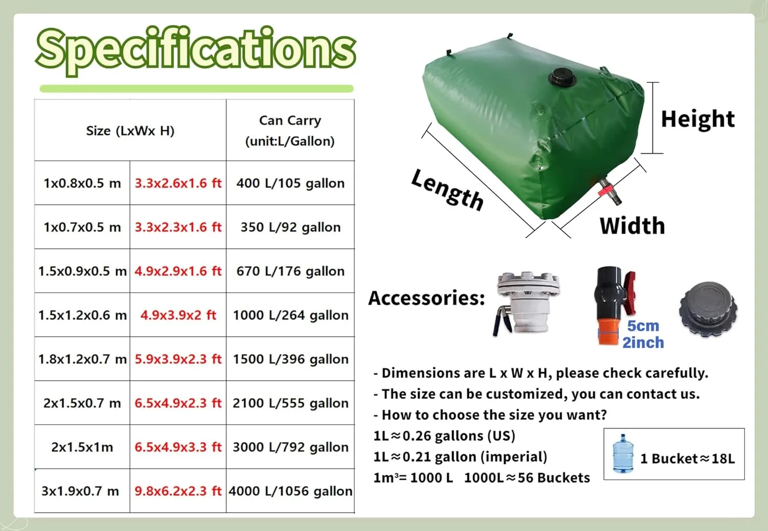 with Valve Collapsible Portable Water Tank,2000/1500/1000/500/100,Large Capacity Soft Water Bag(3x2x1m/6000L/1585gallon)
