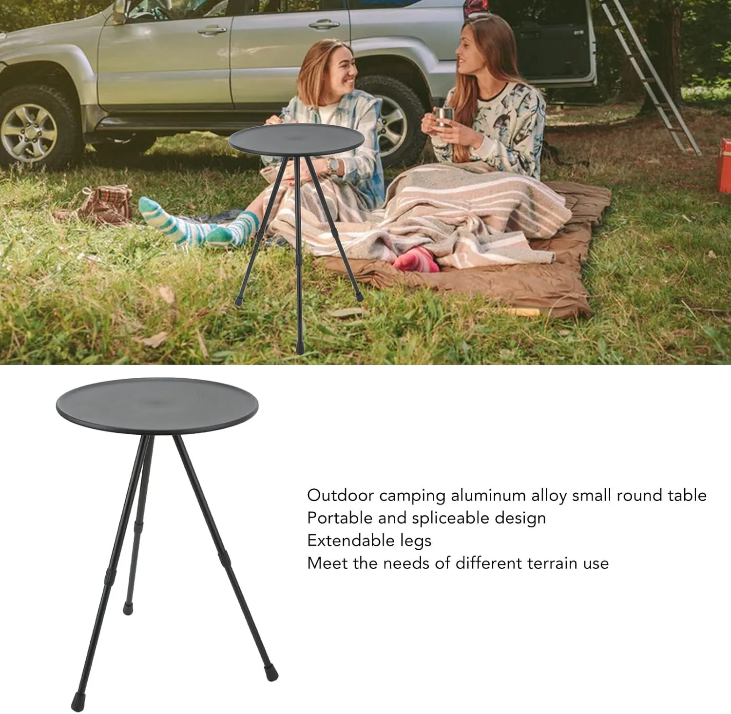 Wnvivi Folding Camping Round Table,Aluminum Alloy Liftable Beach Table for Picnic,Portable Camping Table for RV Equipment Supplies(Black)