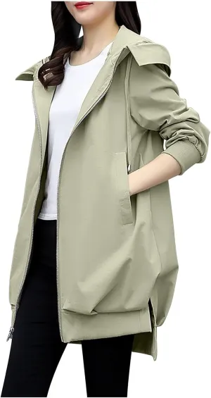 Women Long Rain Jacket Waterproof Lightweight Hooded Raincoat Windbreaker Coat Side Slits High-Low Hem Outdoor Coats