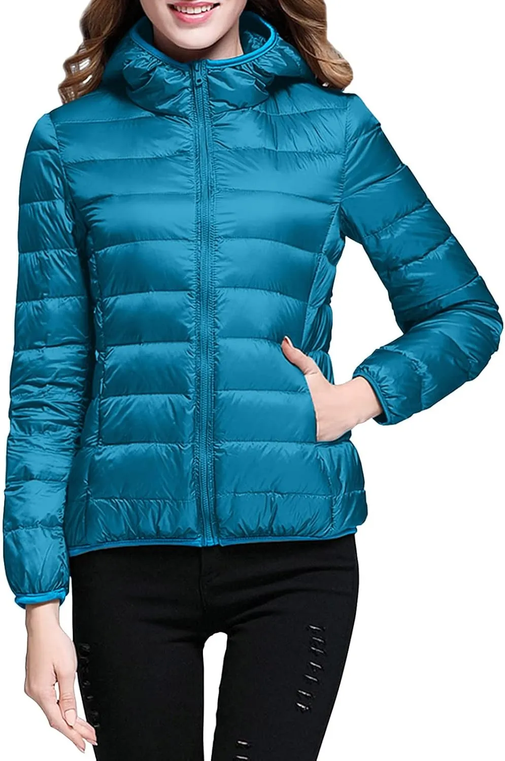 Women Packable Lightweight Full-Zip Puffer Jacket with Hood Quilted Winter Down Coat Ski Jacket Coat Puffer Jacket Womens