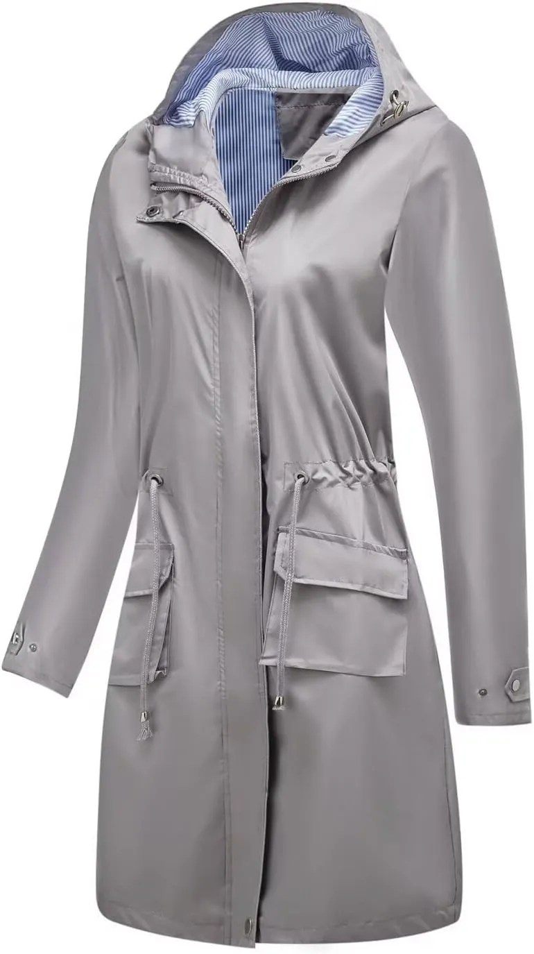 Women Waterproof Lightweight Long Rain Jacket Outdoor Casual Hooded Long Trench Coat