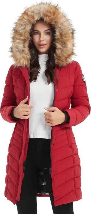 Women's Padded Jacket, Thicken Parka Faux Fur Vegan Down Long Parka Winter Jacket Warm Hooded Outwear XS-XXL