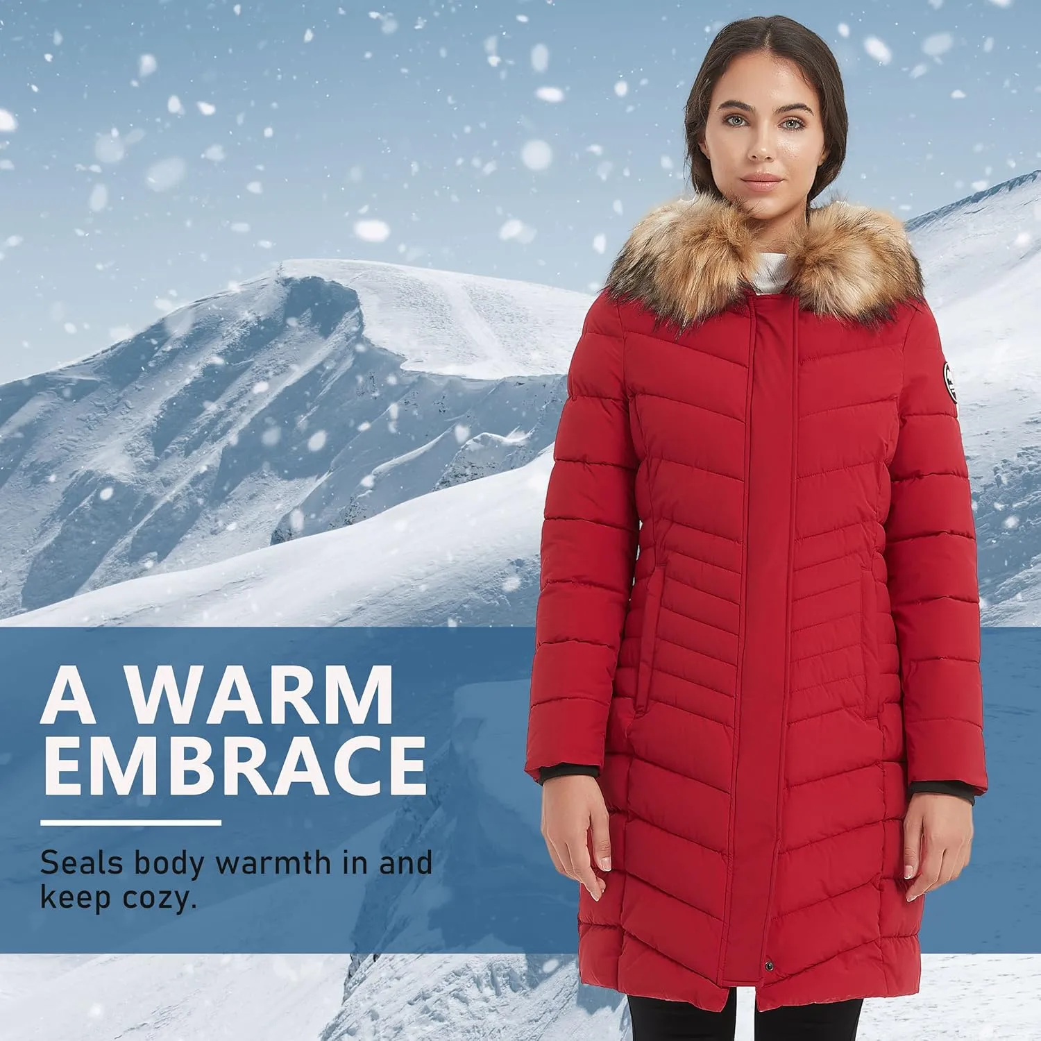 Women's Padded Jacket, Thicken Parka Faux Fur Vegan Down Long Parka Winter Jacket Warm Hooded Outwear XS-XXL