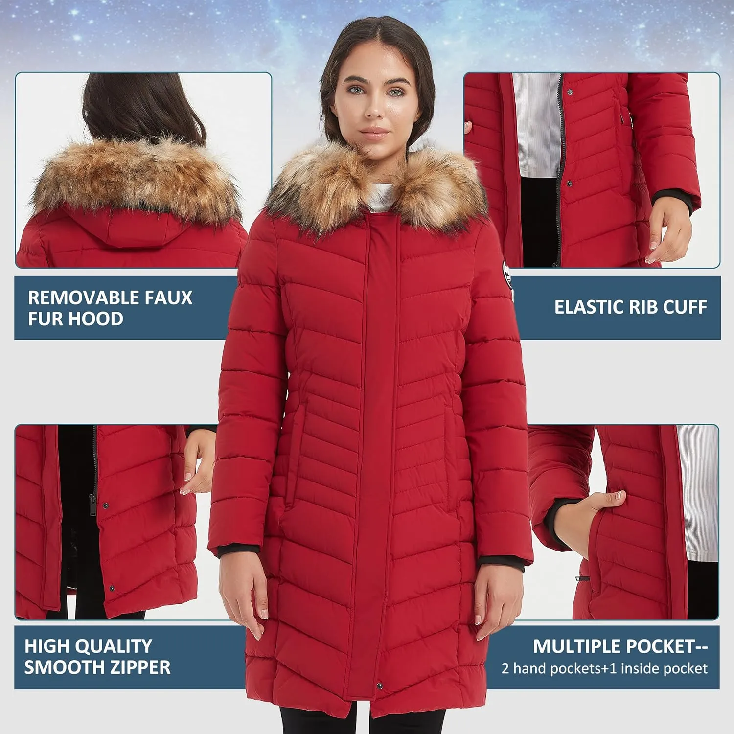 Women's Padded Jacket, Thicken Parka Faux Fur Vegan Down Long Parka Winter Jacket Warm Hooded Outwear XS-XXL