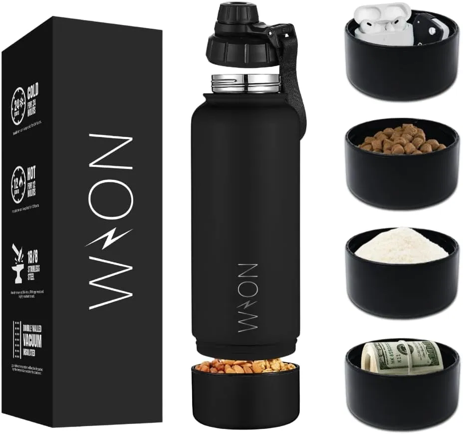 WON Stainless Steel Insulated Water Bottle with Storage Compartment for Pills, Dog Food, Snacks, Keys, Cash and Valuables - 32oz Metal Vacuum Flask for Cold & Hot Drinks - Diversion Safe Water Bottle