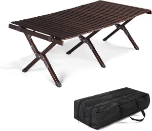 Wooden Camping Roll Table, 47" Camping Tables That Fold Up Lightweight - Foldable 4ft Aluminum Roll Up Portable Low Folding Picnic Table Foldable for Outdoor Activities BBQ,and Dining,for 4-8 People