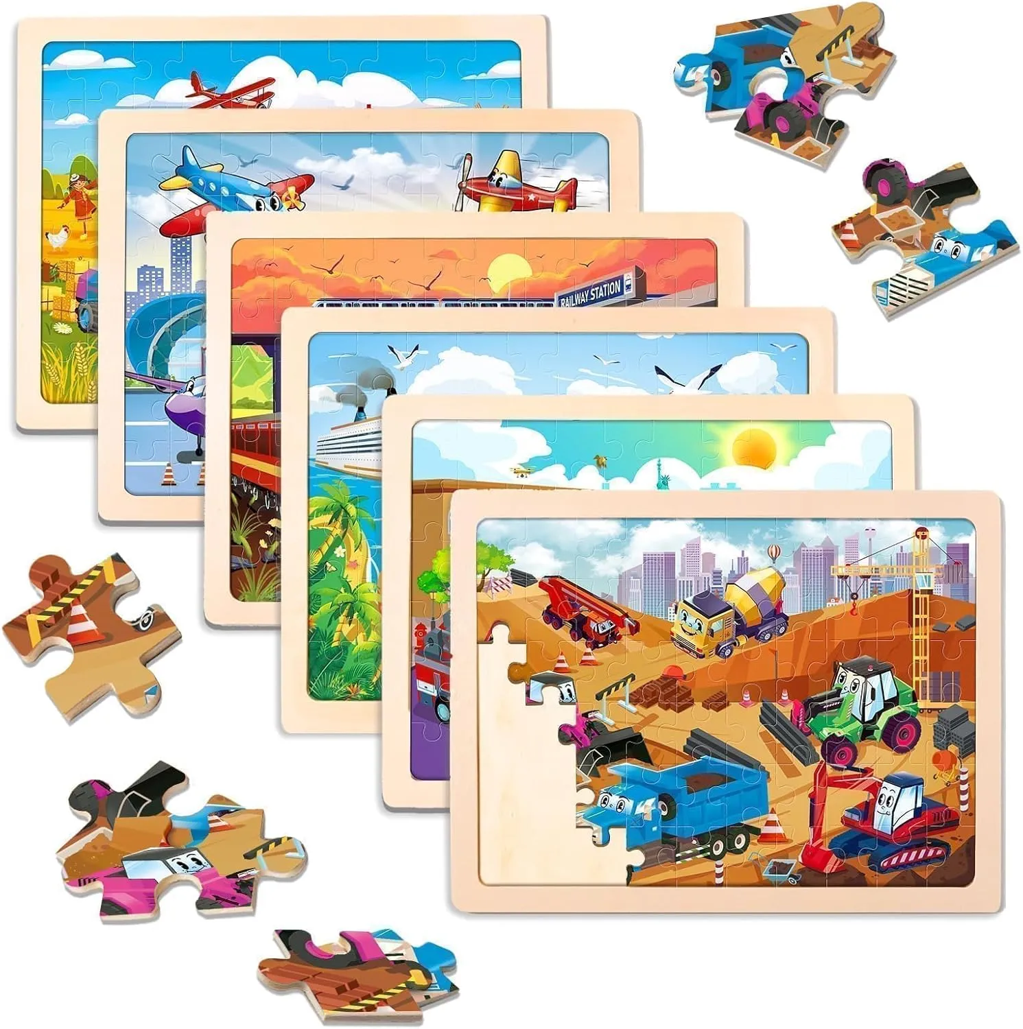 Wooden Vehicle Puzzles for Kids Ages 4-6,6 Pack 60Pcs Jigsaw Wooden Car Puzzles for Toddlers 3-5,Preschool Educational Toys Gifts for Children Ages 4-8,Kids Learning Toys for 4  Year Boys Girls