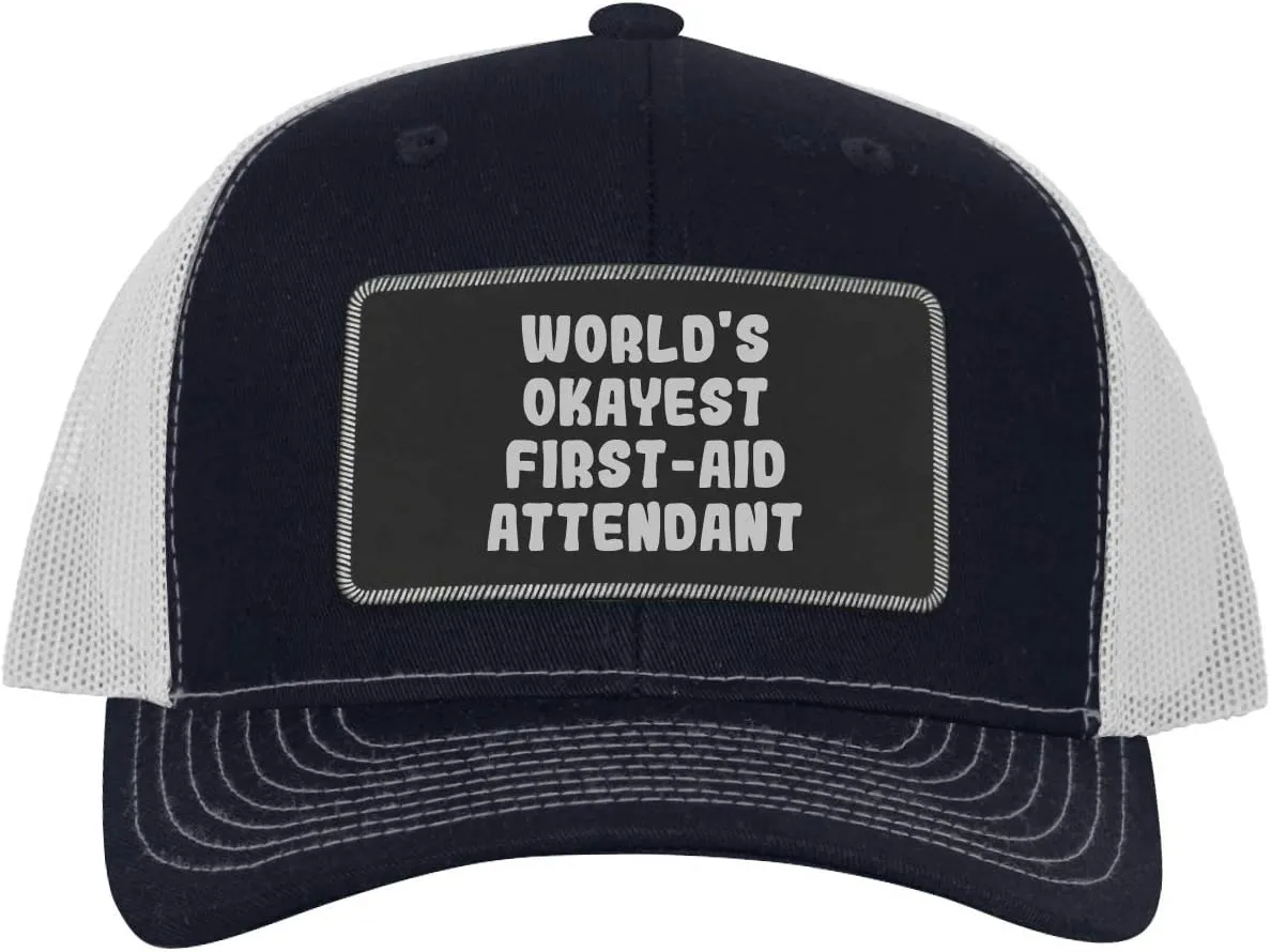 World's Okayest First-Aid Attendant - Leather Black Patch Engraved Trucker Hat