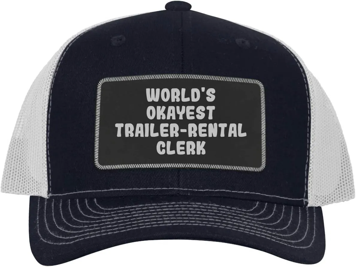 World's Okayest Trailer-Rental Clerk - Leather Black Patch Engraved Trucker Hat