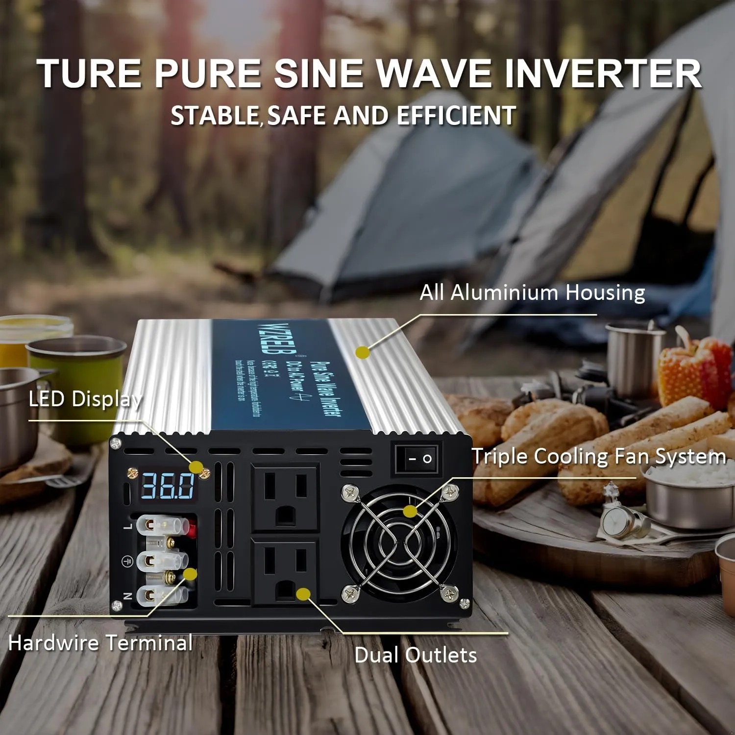 WZRELB 4000W Pure Sine Wave Inverter 36V DC to 110V 120V AC Power Converter with LED Display, Hardwire Terminal,Off-Grid Portable Power Inverter with Dual AC Outlets for Home, RV, Truck, Camping
