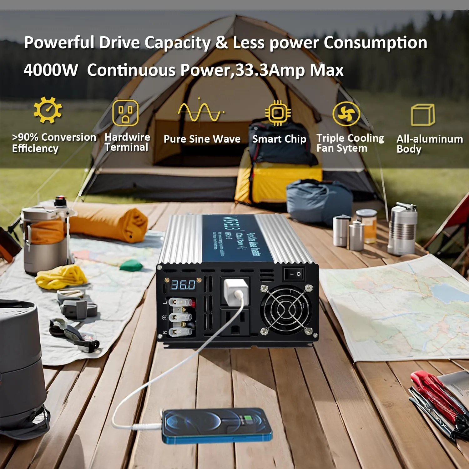 WZRELB 4000W Pure Sine Wave Inverter 36V DC to 110V 120V AC Power Converter with LED Display, Hardwire Terminal,Off-Grid Portable Power Inverter with Dual AC Outlets for Home, RV, Truck, Camping