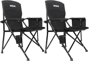 XGEAR 2-Pack Camping Chair with Padded Hard Armrest, Sturdy Folding Camp Chair with Cup Holder, Storage Pockets Carry Bag Included, Support to 400 lbs, Black