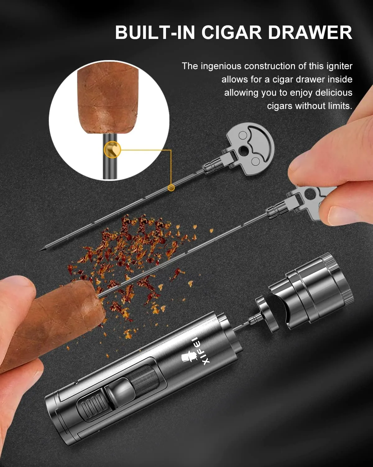 XIFEI Cigar Lighter, Cigar Puncher, Cigar Draw Enhancer, Cigar Stand, All-in-one Lighter (Gun ash)