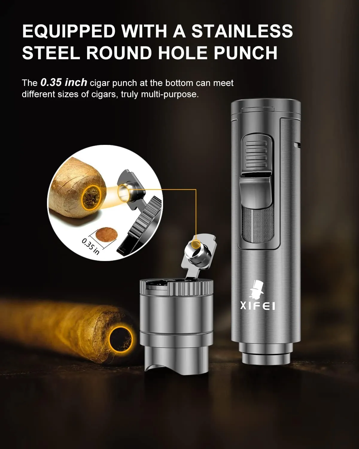 XIFEI Cigar Lighter, Cigar Puncher, Cigar Draw Enhancer, Cigar Stand, All-in-one Lighter (Gun ash)