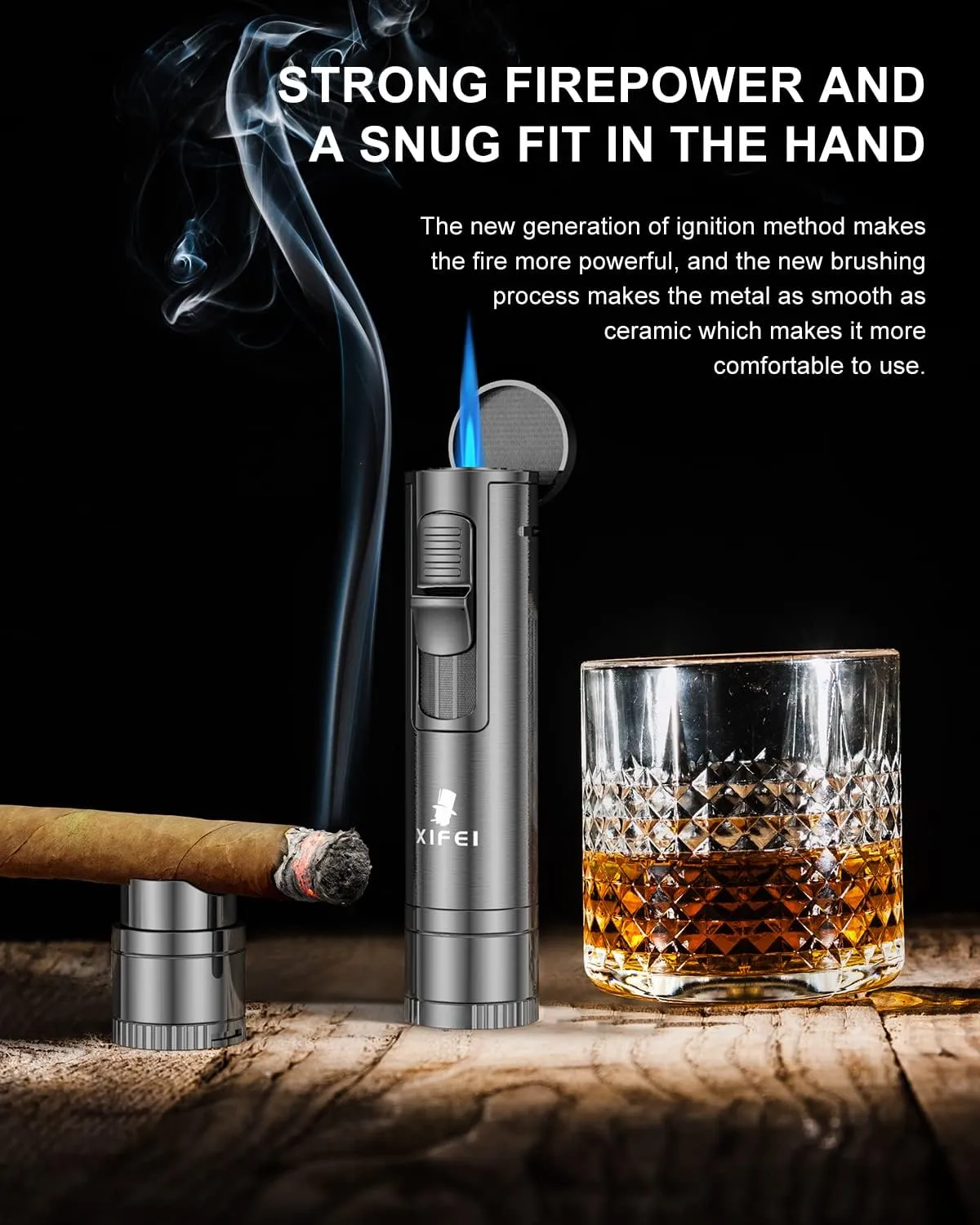XIFEI Cigar Lighter, Cigar Puncher, Cigar Draw Enhancer, Cigar Stand, All-in-one Lighter (Gun ash)
