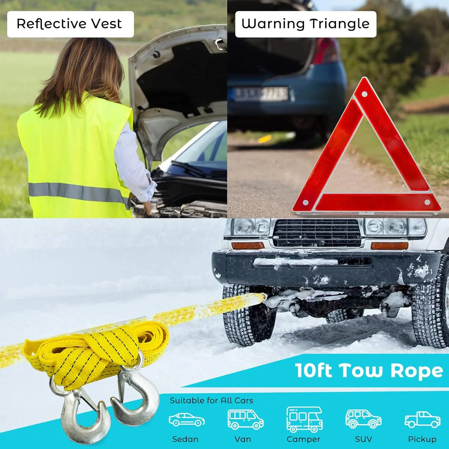 XOOL Car Emergency Kit - Roadside Safety Assistance Vehicle Emergency Kit Bag for Women Men with Jumper Cables, First Aid Kit, Tow Strap, Reflective Warning Triangle, Repair Tool Box
