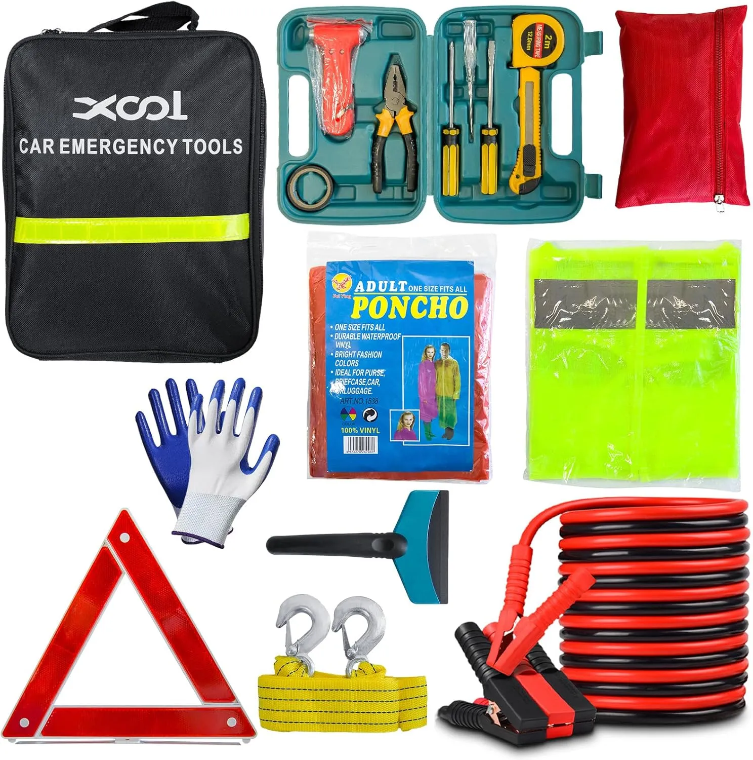 XOOL Car Emergency Kit - Roadside Safety Assistance Vehicle Emergency Kit Bag for Women Men with Jumper Cables, First Aid Kit, Tow Strap, Reflective Warning Triangle, Repair Tool Box