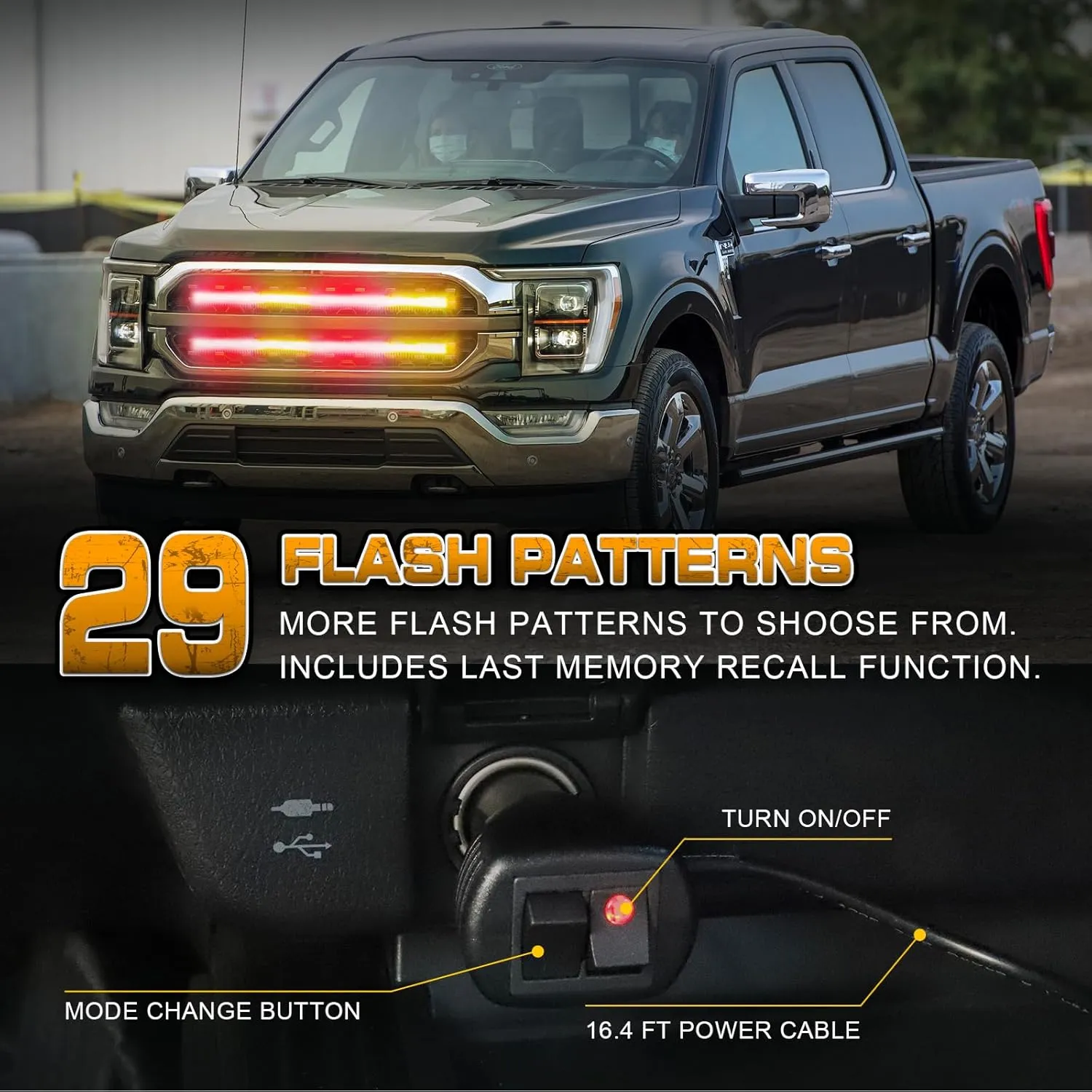 XRIDONSEN 2PCS 24 inch Amber Red Truck Emergency Grill Lights Strip 288 LED Grille Strobe Lights Flashing Warning Safety w/Waterproof Tube First Responder Lights for Firefighter Vehicles Fire Trucks