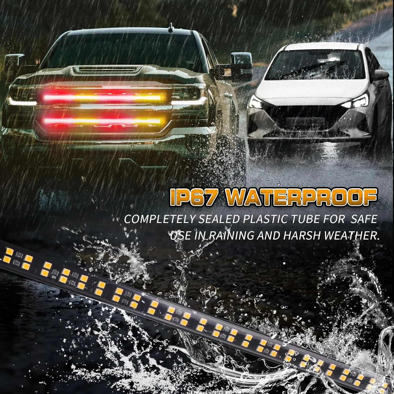 XRIDONSEN 2PCS 24 inch Amber Red Truck Emergency Grill Lights Strip 288 LED Grille Strobe Lights Flashing Warning Safety w/Waterproof Tube First Responder Lights for Firefighter Vehicles Fire Trucks