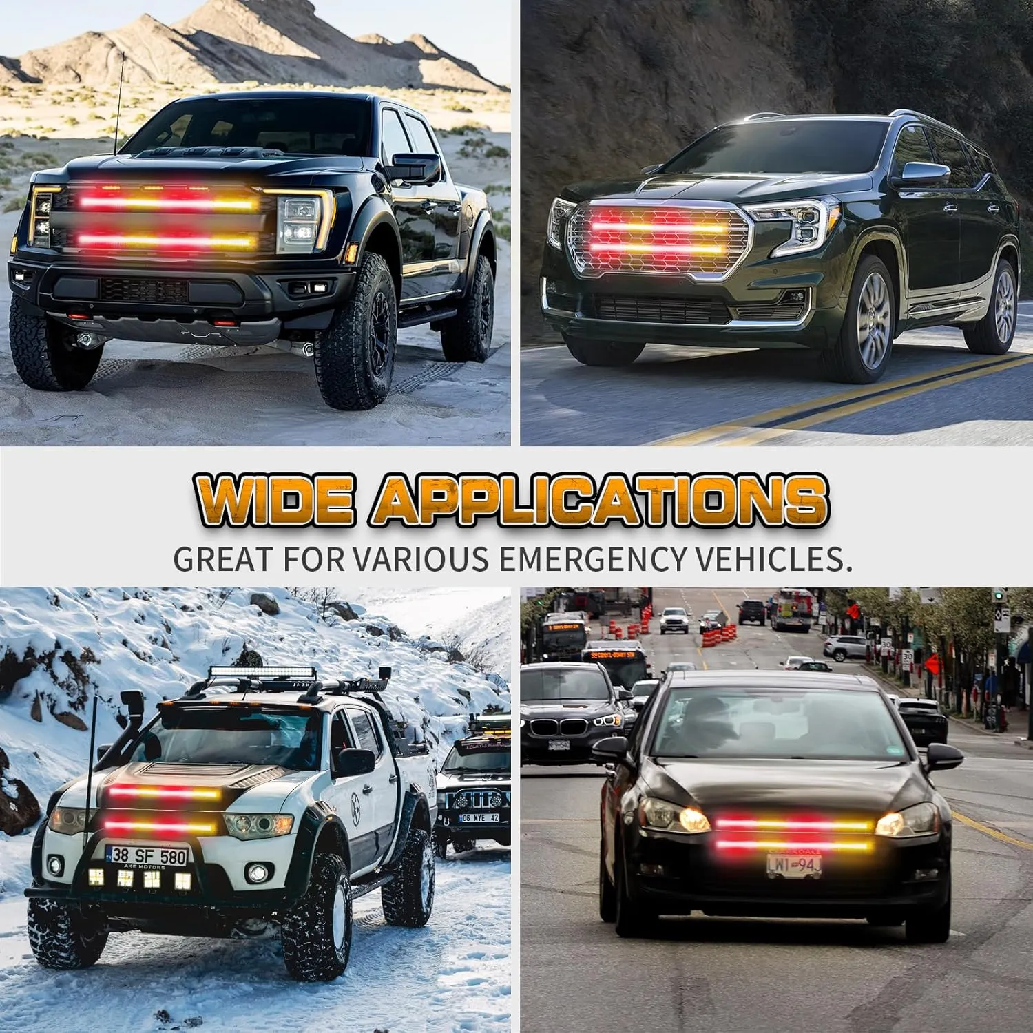 XRIDONSEN 2PCS 24 inch Amber Red Truck Emergency Grill Lights Strip 288 LED Grille Strobe Lights Flashing Warning Safety w/Waterproof Tube First Responder Lights for Firefighter Vehicles Fire Trucks