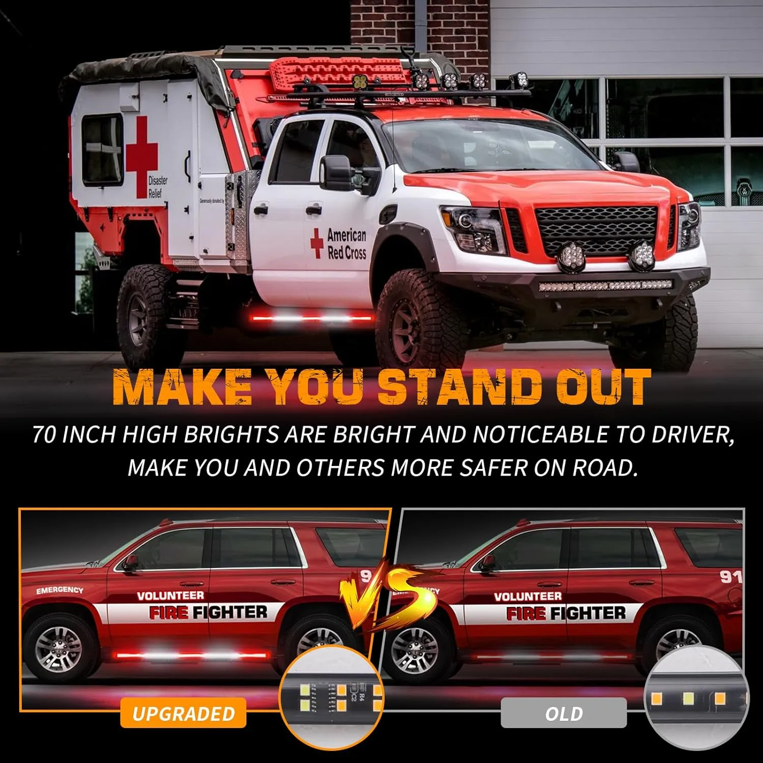 XRIDONSEN 2PCS 60 inch Truck Emergency Lights Strip 720 LED Running Board Strobe Lights Red White Firefighter Flashing Warning Safety First Responder for Vehicles Trucks Pickup Fire POV
