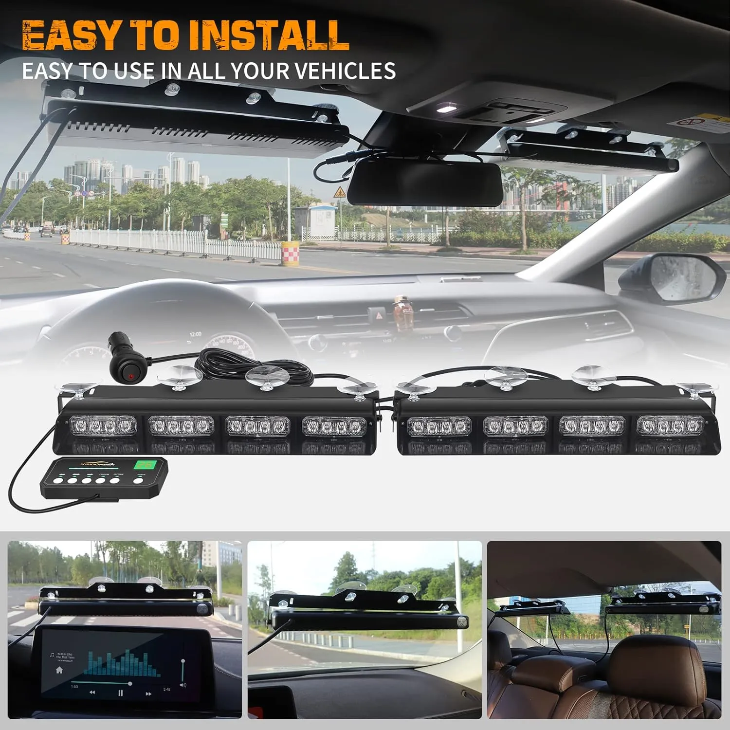 XRIDONSEN Amber Green Emergency Dash Strobe Lights Safety Flashing Warning Hazard Interior Front/Rear Windshield Deck Split Light Bar w/Digital Display Controller for Construction Vehicles Trucks