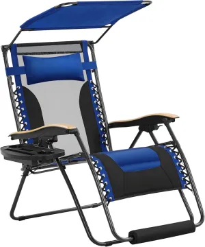Yaheetech 29in Zero Gravity Chair, Adjustable Patio Padded Anti Gravity Recliner Foldable Outdoor Lounger with Cup Holder Tray, Canopy Shade and Headrest for Beach Camping Navy Blue/Black/1