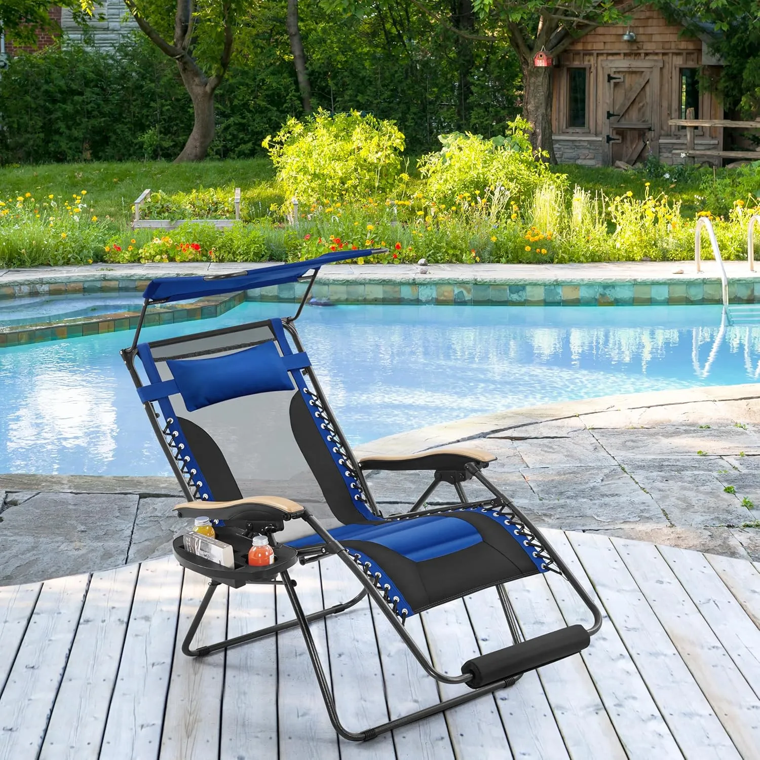 Yaheetech 29in Zero Gravity Chair, Adjustable Patio Padded Anti Gravity Recliner Foldable Outdoor Lounger with Cup Holder Tray, Canopy Shade and Headrest for Beach Camping Navy Blue/Black/1