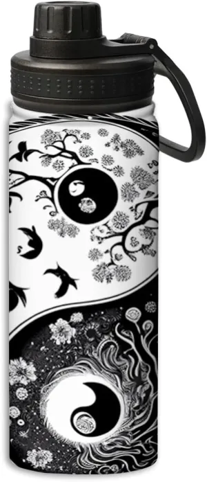 Yin And Yang Ornament On Pattern pattern Water Bottle 18 oz Double Wall Vacuum Insulated Stainless Steel Wide Mouth Sports Hot & Cold Thermos,Black And White