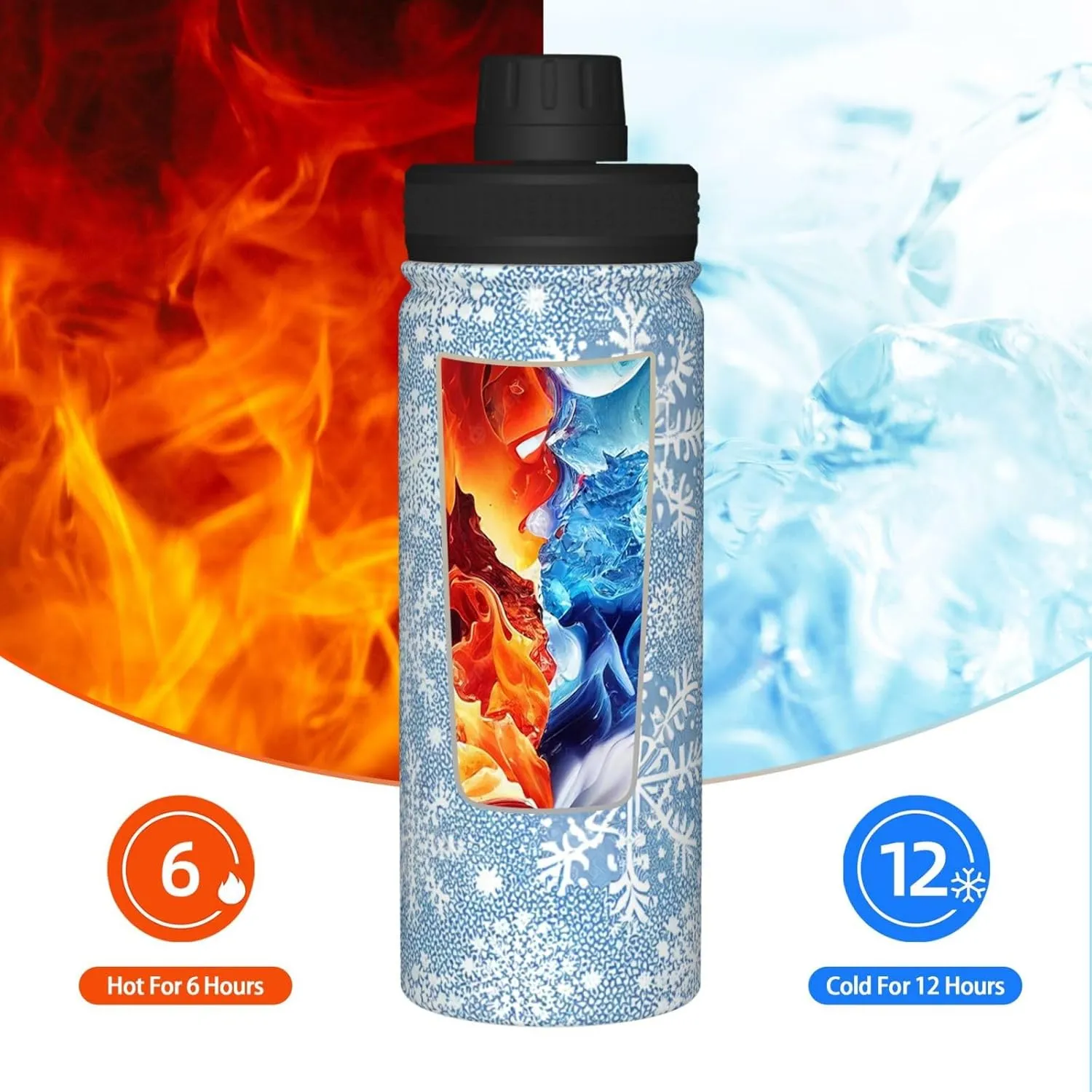Yin And Yang Ornament On Pattern pattern Water Bottle 18 oz Double Wall Vacuum Insulated Stainless Steel Wide Mouth Sports Hot & Cold Thermos,Black And White