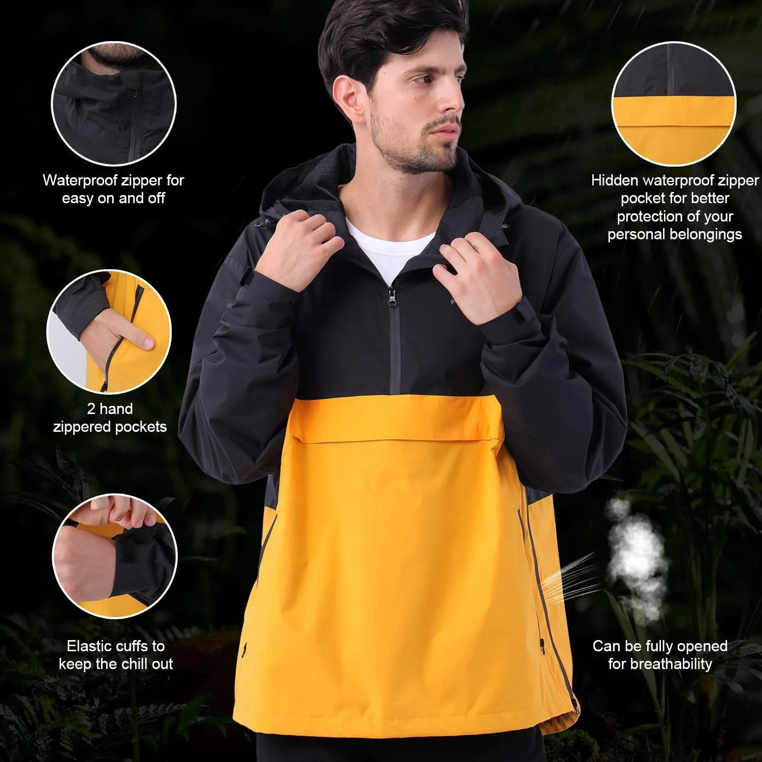 YINGJIELIDE Men's Waterproof Hooded Rain Jacket,Windproof Insulated Sailing Coat,Windbreaker Softshell Hoodie for Ski Hiking