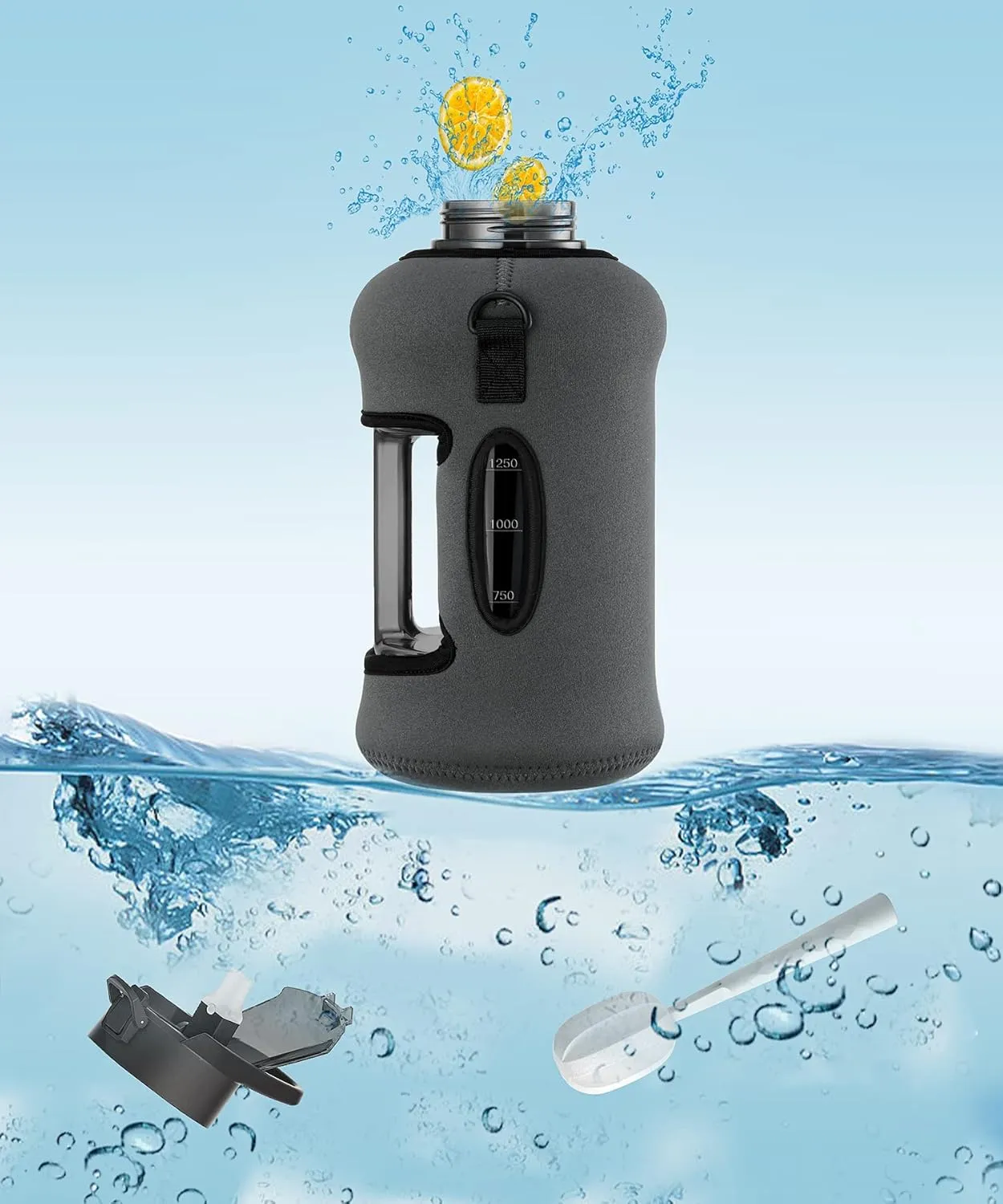 youcanplato YOUCAN PLATO Half Gallon Water Bottle with Straw, Large Water Bottle,Gallon Water Jug, Big Gym Water Bottle with Storage Sleeve BPA Free with Handle and Bottle Brush 74 OZ (Gray)
