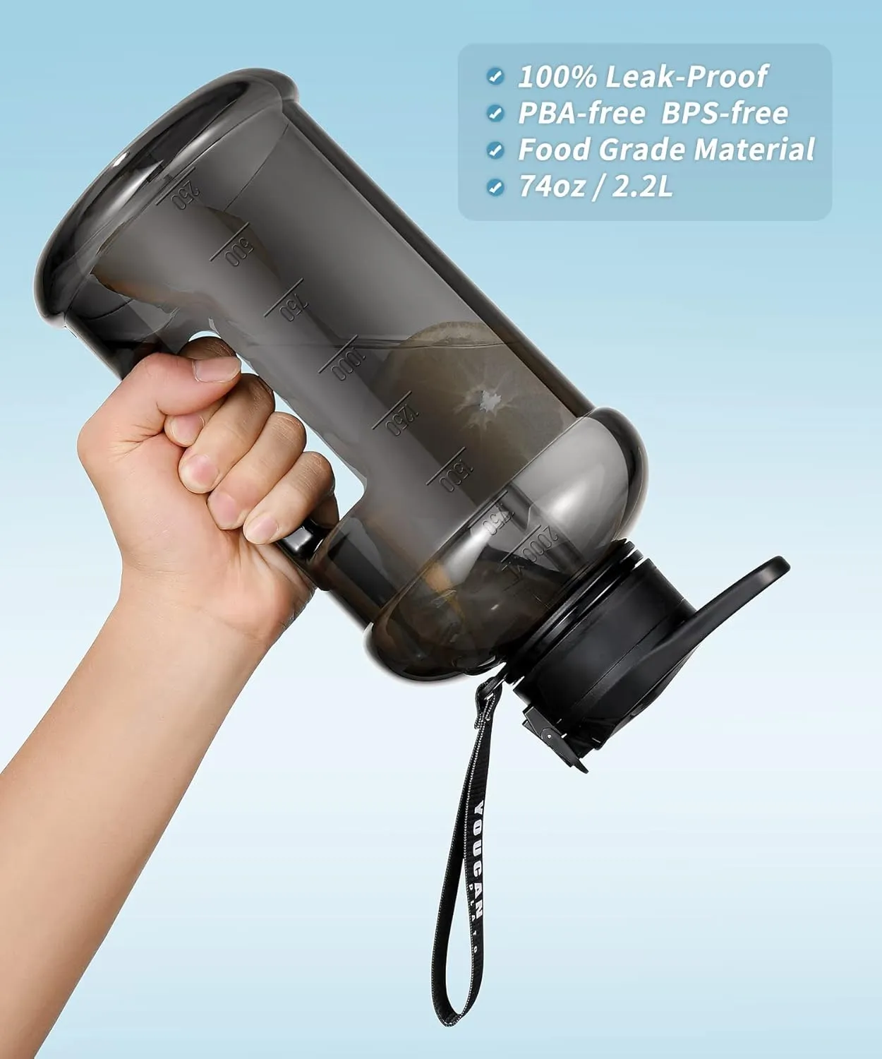 youcanplato YOUCAN PLATO Half Gallon Water Bottle with Straw, Large Water Bottle,Gallon Water Jug, Big Gym Water Bottle with Storage Sleeve BPA Free with Handle and Bottle Brush 74 OZ (Gray)