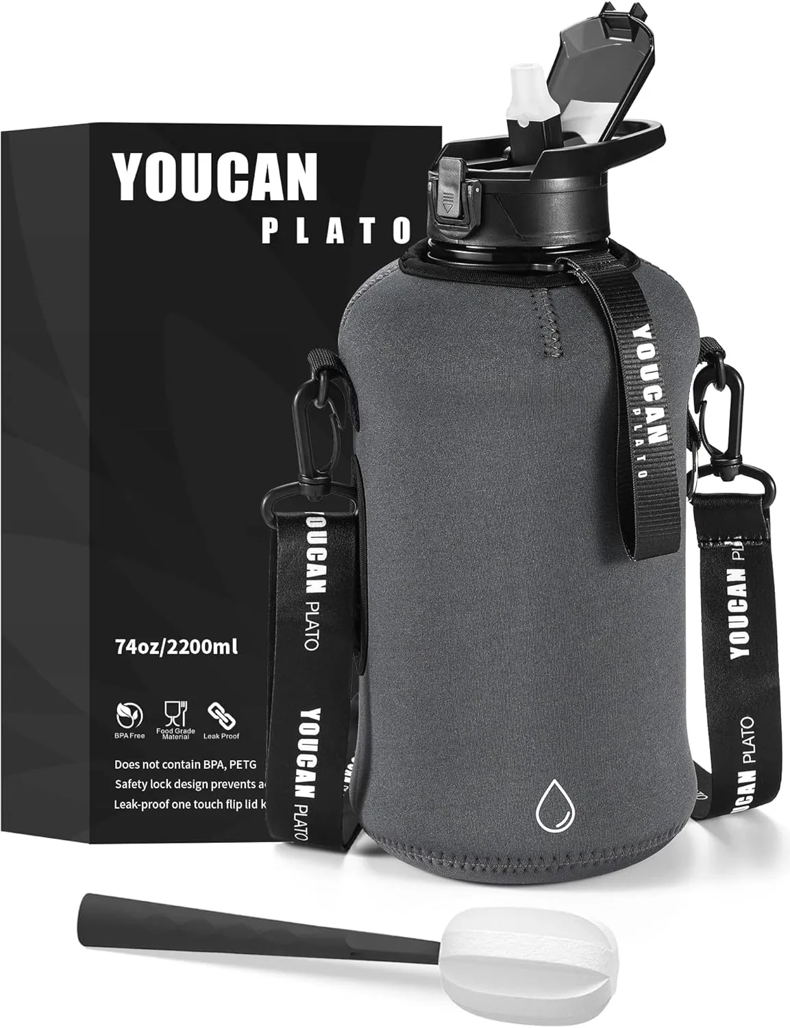 youcanplato YOUCAN PLATO Half Gallon Water Bottle with Straw, Large Water Bottle,Gallon Water Jug, Big Gym Water Bottle with Storage Sleeve BPA Free with Handle and Bottle Brush 74 OZ (Gray)