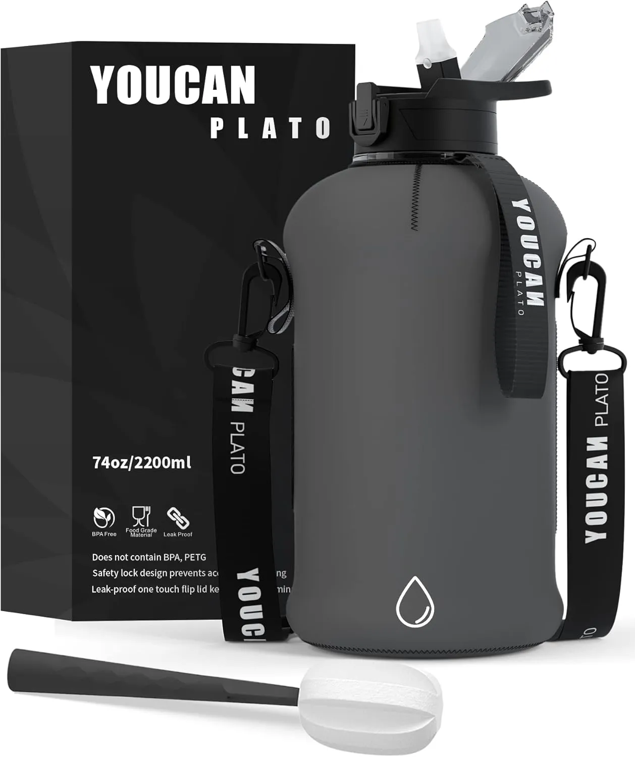 youcanplato YOUCAN PLATO Half Gallon Water Bottle with Straw, Large Water Bottle,Gallon Water Jug, Big Gym Water Bottle with Storage Sleeve BPA Free with Handle and Bottle Brush 74 OZ (Gray)