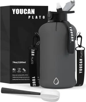 youcanplato YOUCAN PLATO Half Gallon Water Bottle with Straw, Large Water Bottle,Gallon Water Jug, Big Gym Water Bottle with Storage Sleeve BPA Free with Handle and Bottle Brush 74 OZ (Gray)