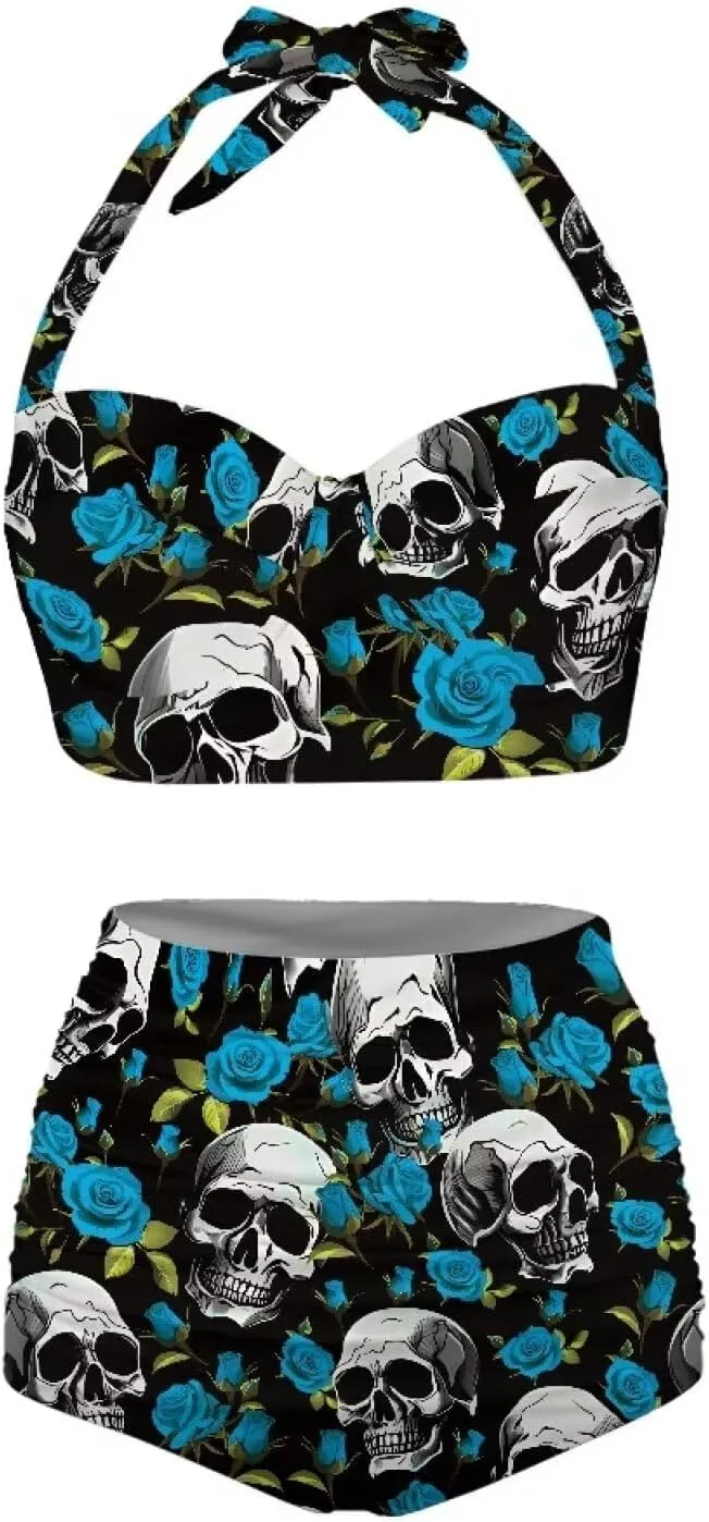 Yuuxorilu Women Two Piece High Waist Bikini Set Halter Ruched High Waist Bikini with Bottom
